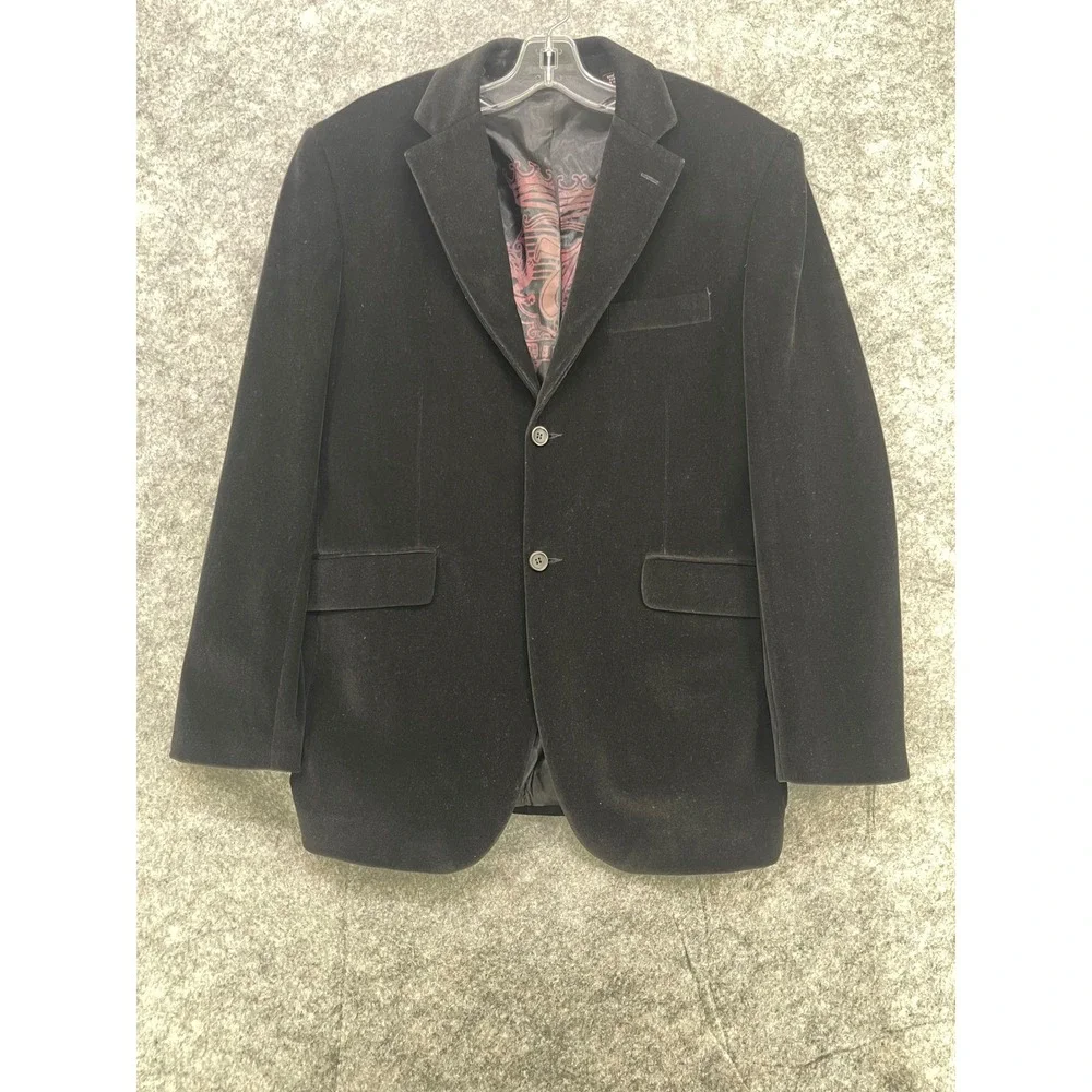7 Diamonds Blazer Men Large Black Velvet Graphic Lining Sport Coat Jacket Goth